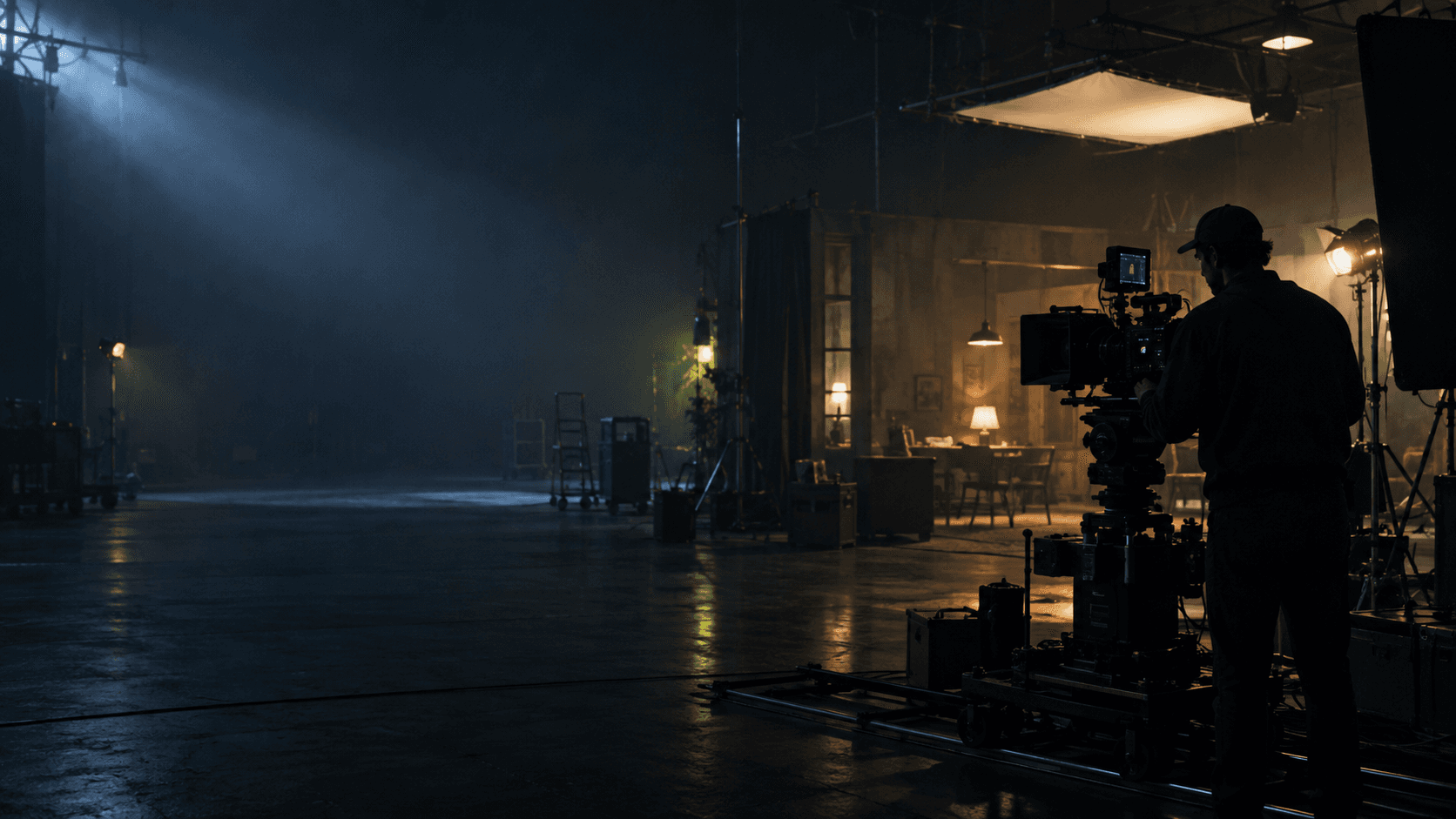 A filmmaker working beside a cinema camera on a dark soundstage